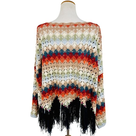 Free People Crochet Fringe Scalloped Hem Knit Poncho Top | Coastal Cowgirl Boho - Picture 8 of 16